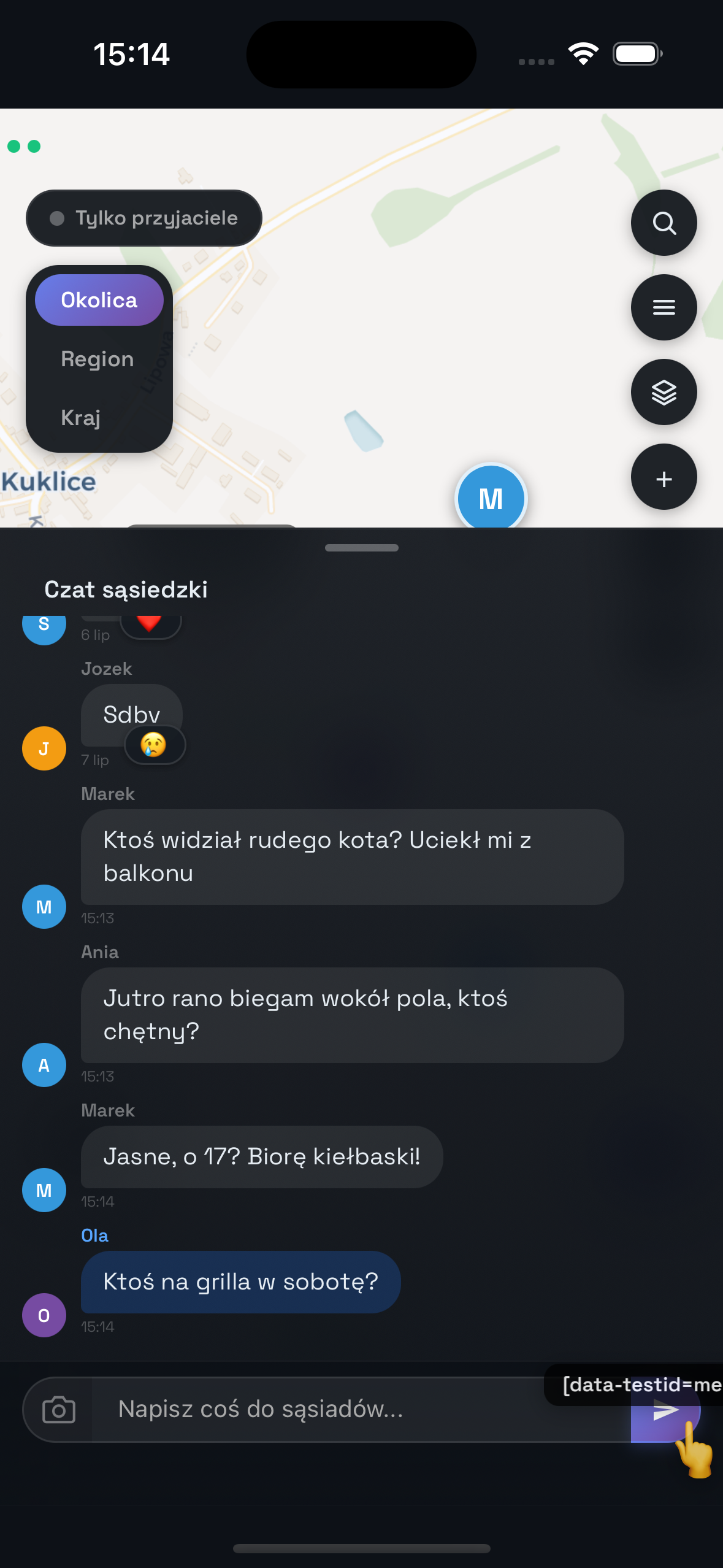 Zrzut ekranu: czat sąsiedzki w aplikacji Pole