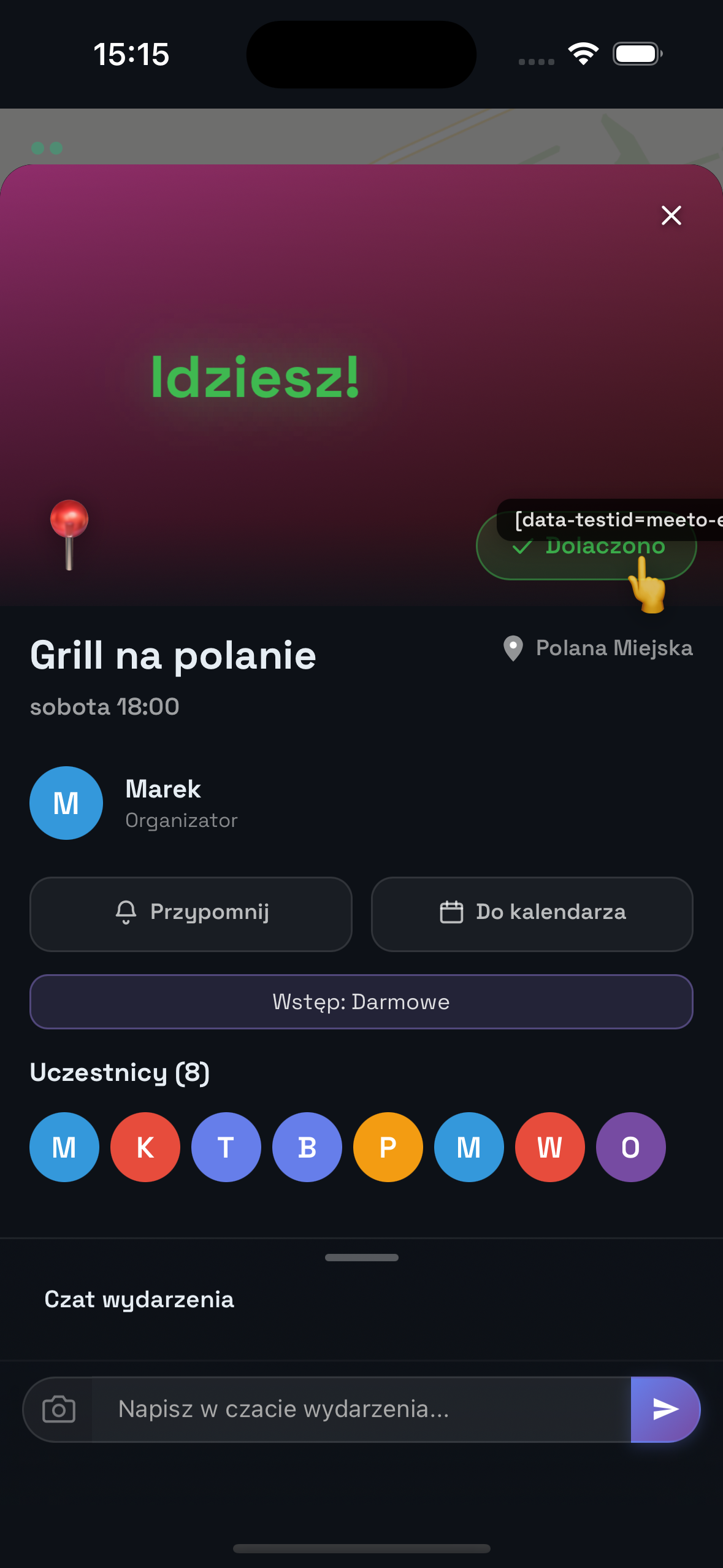Zrzut ekranu: karta wydarzenia z przyciskiem Dołącz