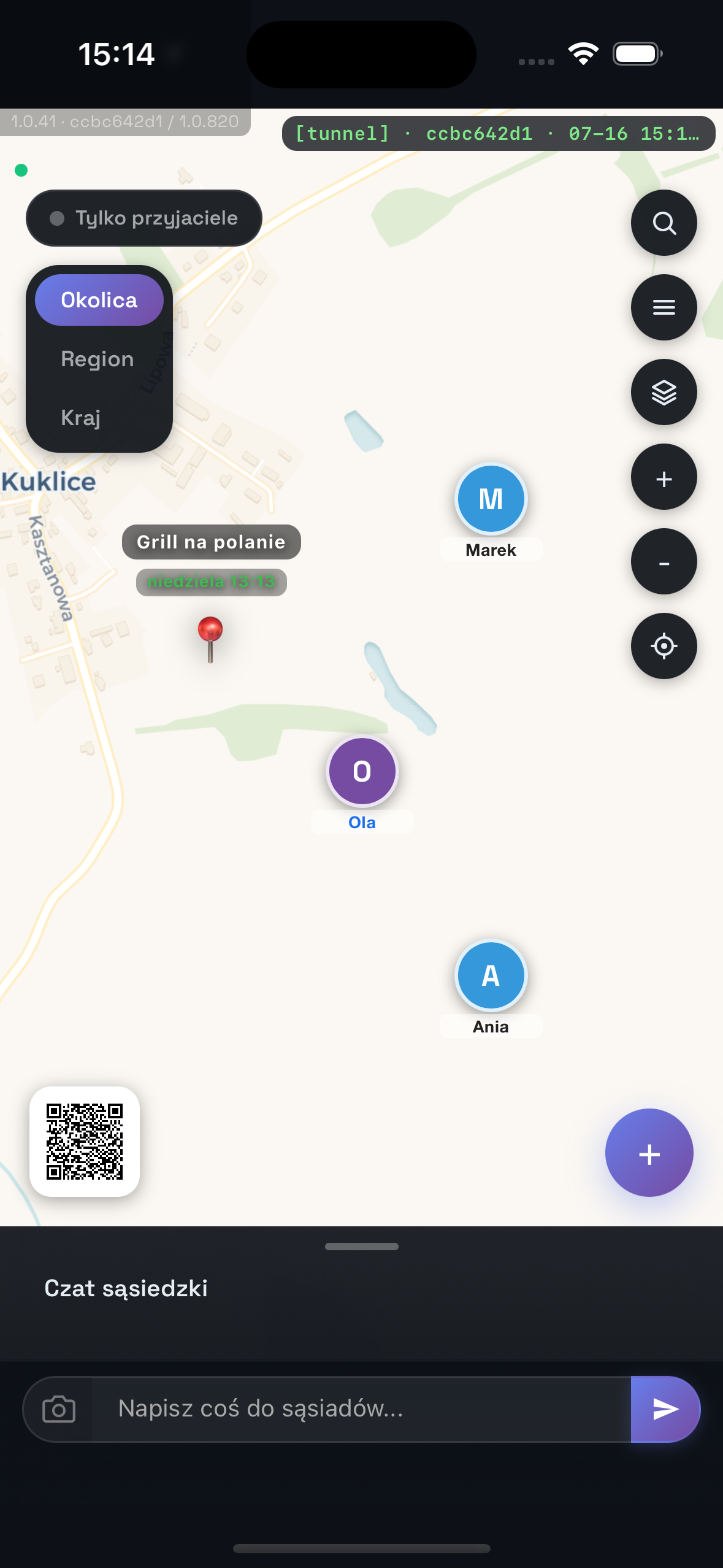 Zrzut ekranu: mapa okolicy z pinezkami w aplikacji Pole